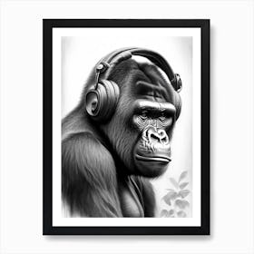 Gorilla With Headphones Gorillas Greyscale Sketch 1 Art Print