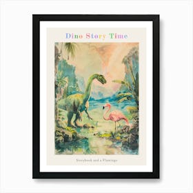 Storybook Painting Of A Dinosaur With A Flamingo Poster Art Print