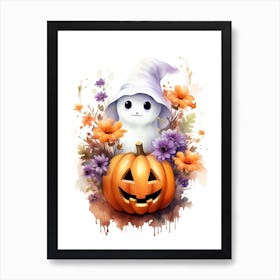 Cute Ghost With Pumpkins Halloween Watercolour 109 Art Print