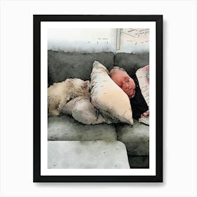 Watercolor Of A Dog Sleeping On A Couch Art Print