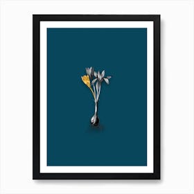 Vintage Autumn Crocus Black and White Gold Leaf Floral Art on Teal Blue n.0705 Art Print