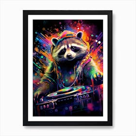 A Dj Raccoon Spinning Dj Decks Vibrant Paint Splash 3 Art Print