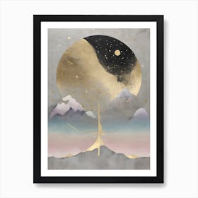 Wabi Sabi Dreams Collection 3 - Japanese Minimalism Abstract Moon Stars Mountains and Trees in Pale Neutral Pastels And Gold Leaf - Soul Scapes Nursery Baby Child or Meditation Room Tranquil Paintings For Serenity and Calm in Your Home Art Print