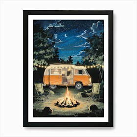 Anime Canvas Art: Cozy Camper Van at Night with Campfire, String Lights, and Starry Sky, Perfect for Lofi Aesthetic and Peaceful Outdoor Lovers. Art Print