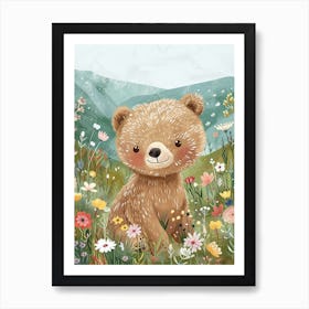 Brown Bear Cub In A Field Of Flowers Storybook Illustration 2 Art Print