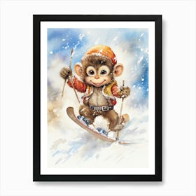 Monkey Painting Skiing Watercolour 3 Art Print