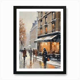 Paris cafes, winter season, Christmas, autumn oil colors, pale colors, pedestrians in the street, winter clothes, falling snow.11 Art Print