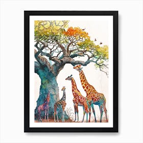 Giraffe Herd Under The Tree Watercolour 2 Art Print