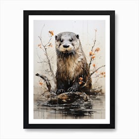 Otter, Japanese Brush Painting, Ukiyo E, Minimal 1 Art Print