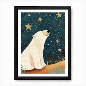 Polar Bear Looking At A Starry Sky Storybook Illustration 1 Art Print