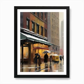 New York City, rain falling, city cafes, passing by, winter, vintage oil colors.6 Art Print