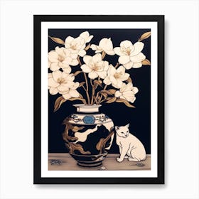 Drawing Of A Still Life Of Camelia With A Cat 2 Art Print