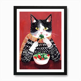 Black And White Cat Eating Salad Folk Illustration 5 Art Print