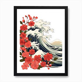 Great Wave With Rose Flower Drawing In The Style Of Ukiyo E 3 Art Print