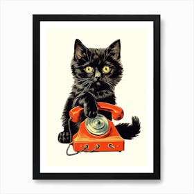 Vintage Black Cat Red Telephone Kitsch Art Print