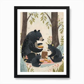 American Black Bear Family Picnicking In The Woods Storybook Illustration 1 Art Print