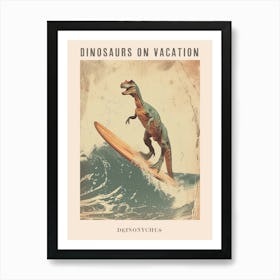 Vintage Deinonychus Dinosaur On A Surf Board 2 Poster Art Print