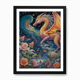 Dragon And Flowers Art Print