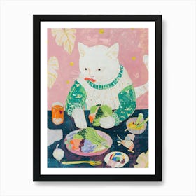 White Cat Salad Lover Folk Illustration 2 Art Print