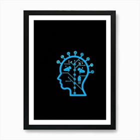 Abstract Concept Art Of A Silhouetted Head Outlined Against A Backdrop Of Light Bulbs And Gears Sym Art Print