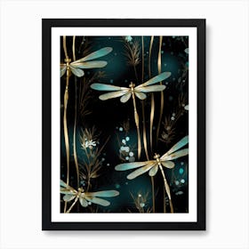 Dragonflies On A Black Background Art Print