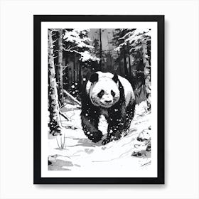 Giant Panda Walking Through A Snow Covered Forest Ink Illustration 1 Art Print