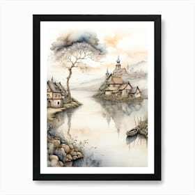 Village By The Water House Landscape Natural Nature Art Print