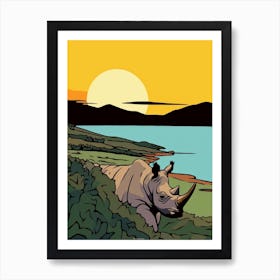 Rhino & The Sunset In The Dry Landscape 2 Art Print