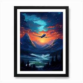 Airplane Travel Over Mountains with Sunset Sky Art Print