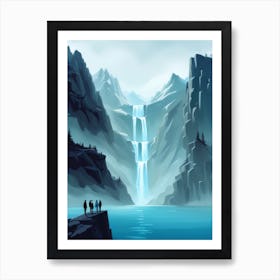 Surreal Traveller Figures Stand Looking At Magical Lake Hidden In Cold Mountains Art Print