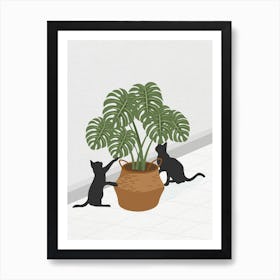 Vintage Minimal Art Two Cats Playing With A Potted Plant Art Print