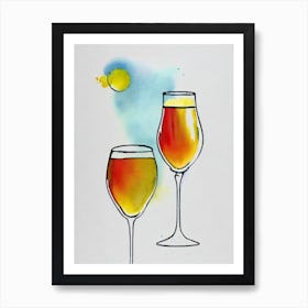 French 75 Minimal Line Drawing With Watercolour Cocktail Poster Art Print