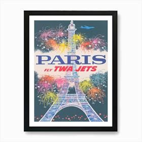 Paris France, Eiffel Tower, Fireworks, Colorful Retro Vintage Travel Poster Art Print