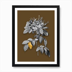 Vintage Pasture Rose Black and White Gold Leaf Floral Art on Coffee Brown n.0793 Art Print