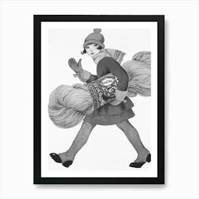 Girl Carrying Yarn, Black and White Vintage Art Print