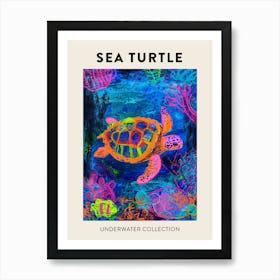 Neon Underwater Sea Turtle Poster 2 Art Print