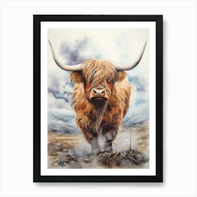 Watercolour Of Highland Cow In The Storm 1 Art Print