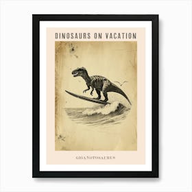 Vintage Giganotosaurus Dinosaur On A Surf Board 2 Poster Art Print