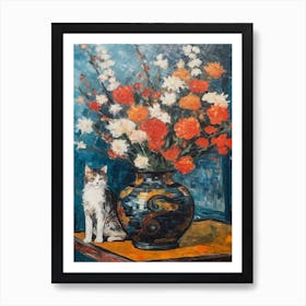 Still Life Of Chrysanthemums With A Cat 3 Art Print