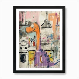 Abstract Purple Graffiti Style Dinosaur In The Kitchen 1 Art Print