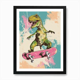 Mustard Tones Dinosaur On A Skateboard 1 Art Print