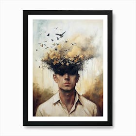 Man With Birds On His Head, Minimalism Art Print