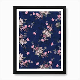 Magnolia Bouquet with Pink Flower On a Blue Background Art Print