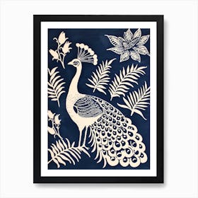 Navy Blue & Cream Peacock With Tropical Flowers 3 Art Print