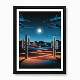 Surreal Oil Painting: Neon-Lit Desert at Twilight with Glowing Cacti, Warm Orange Lights on Sand Dunes, Deep Blue Swirling Sky, and Bright Moon. Art Print