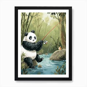 Giant Panda Fishing In A Stream Storybook Illustration 3 Art Print
