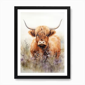 Grassy Highland Cow Watercolour 3 Art Print