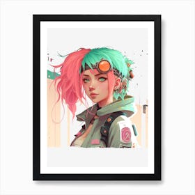 Anime girl with pink and green hair Art Print