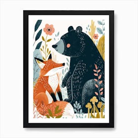American Black Bear And A Fox Storybook Illustration 3 Art Print
