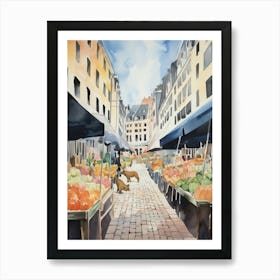 Food Market With Cats In Vienna 4 Watercolour Art Print